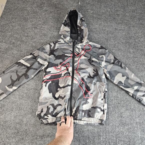 Jordan Jacket Boys Medium 10-12 Gray Camo Hooded Windbreaker Jumpman Nike - Picture 1 of 14